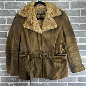 Y2k 'Winlit' Brown Leather Jacket‎ with Faux Fur Trim size medium